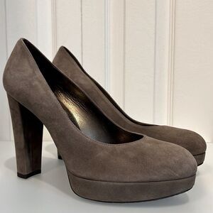 Stuart Weitzman Taupe Suede Platform Block Heel Slip On Shoes‎ Size 9.5